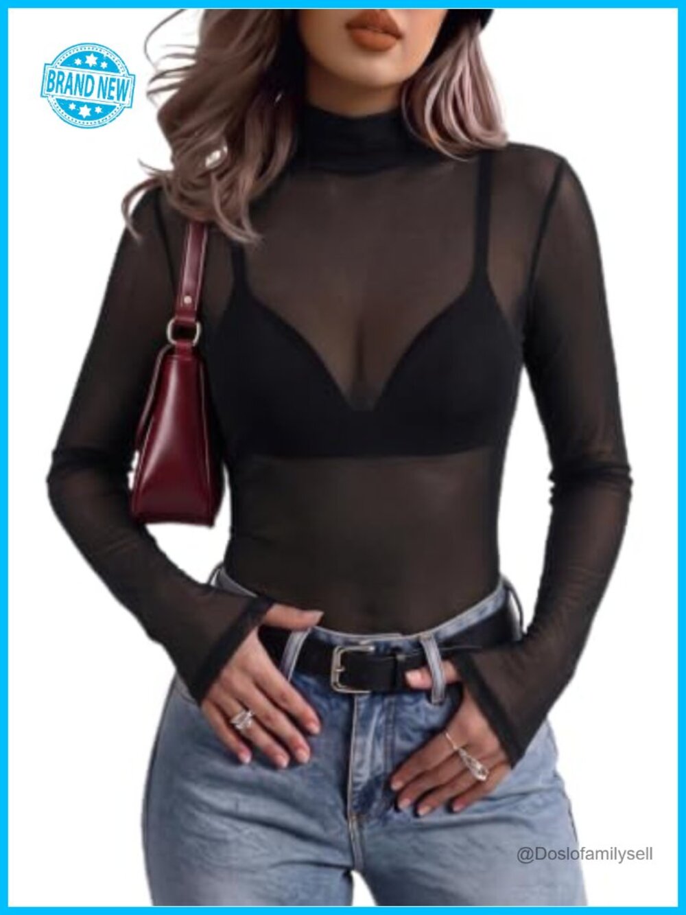 Sheer Mesh Long Sleeve High Neck Slim Fit Sexy Going Out Top